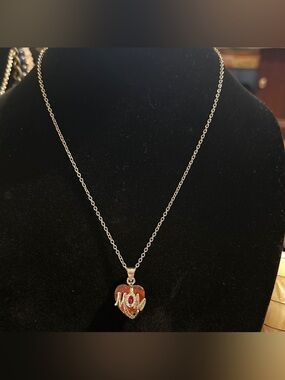 Silvertone Chain Necklace with Red Faceted Heart 'MOM' Pendant
